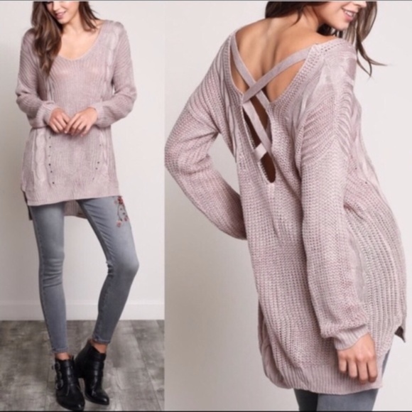 Mauve V neck cable Knit criss cross back Oversized Sweater - Picture 4 of 4